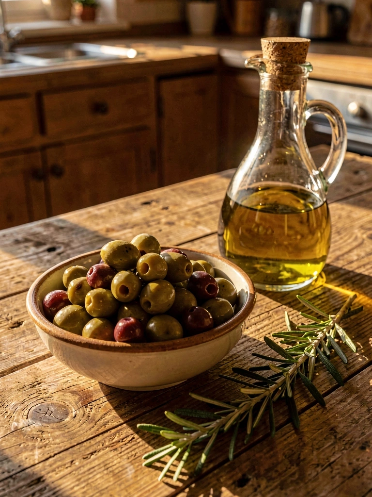 Ingredientes mediterráneos en luz de atardecer